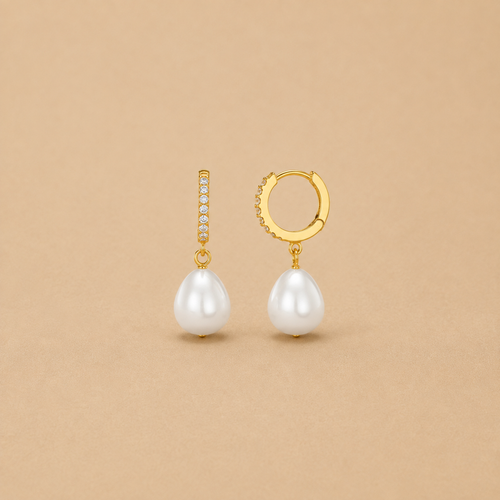 Pearl Drop Pavé Huggie Hoop Earrings