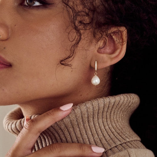 Pearl Drop Pavé Huggie Hoop Earrings