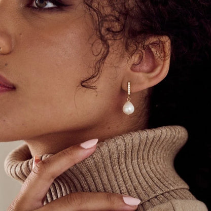 Pearl Drop Pavé Huggie Hoop Earrings